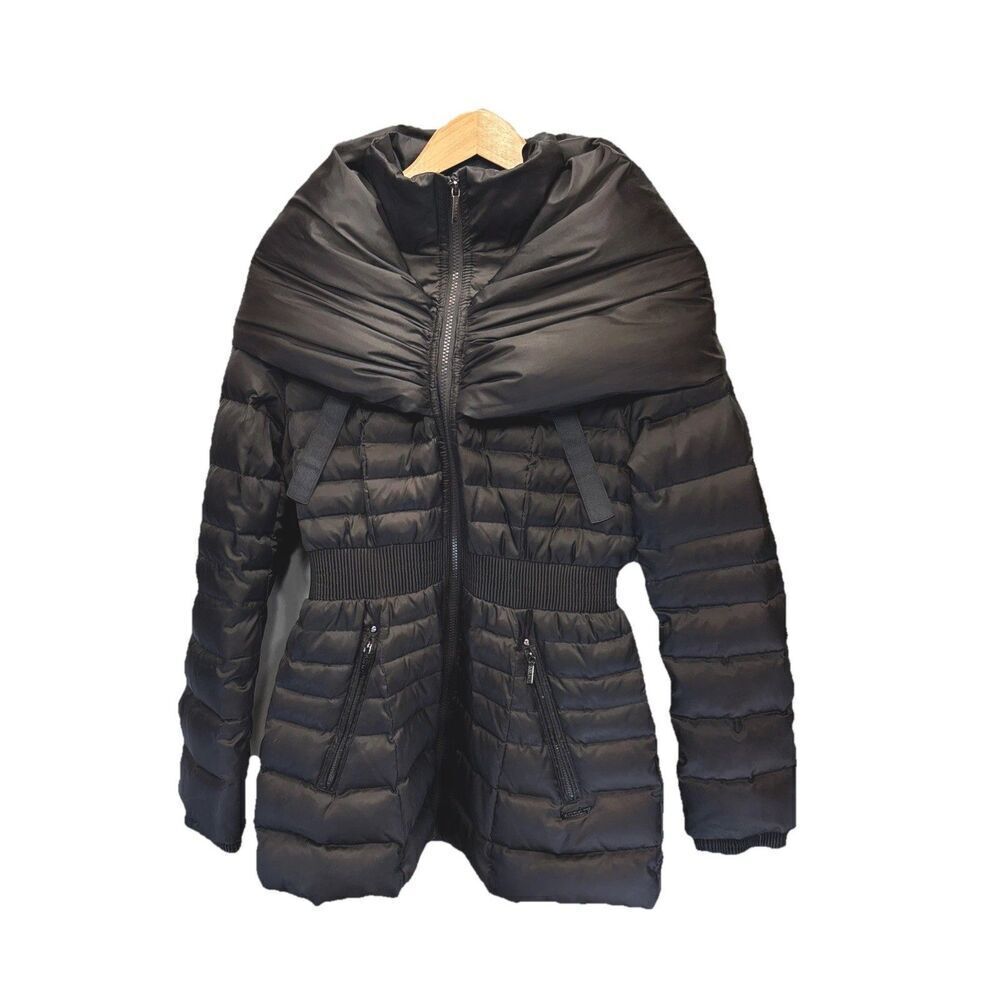Laundry by Shelli Segal Brown Down Puffer Coat Quilted Hooded Cinched Waist MED